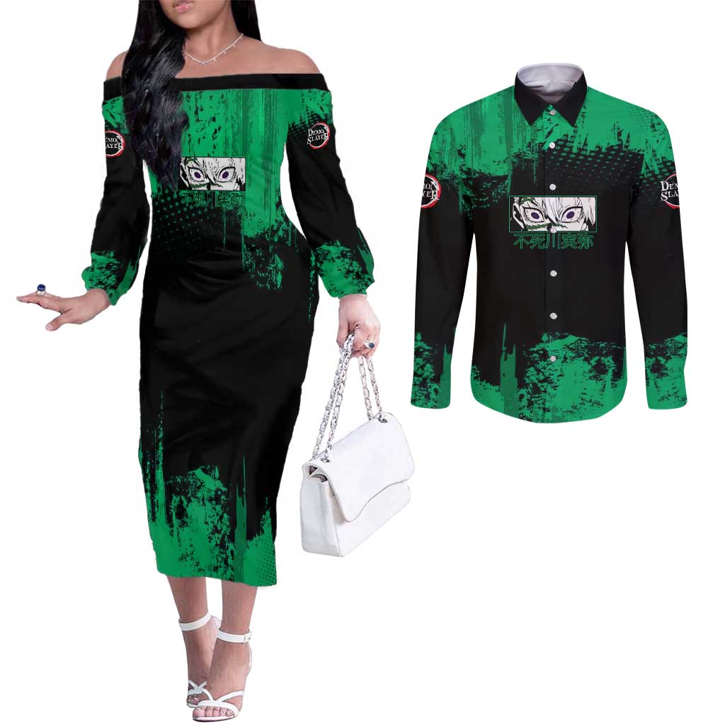 Sanemi Shinazugawa Demon Slayer Green and Black Grunge Couples Matching Off The Shoulder Long Sleeve Dress and Long Sleeve Button Shirt Design with Intense Eyes and Wind Hashira Theme - The Mazicc