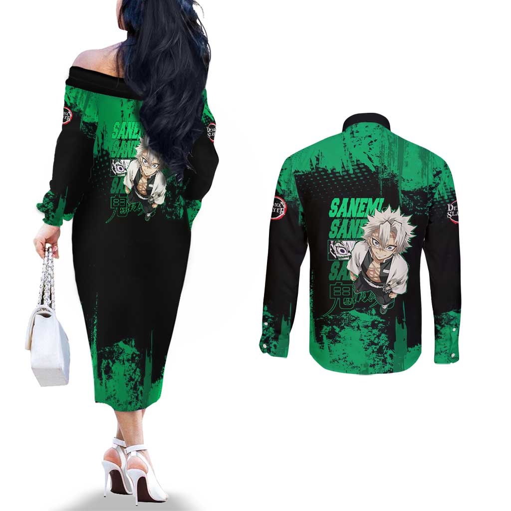 Sanemi Shinazugawa Demon Slayer Green and Black Grunge Couples Matching Off The Shoulder Long Sleeve Dress and Long Sleeve Button Shirt Design with Intense Eyes and Wind Hashira Theme - The Mazicc
