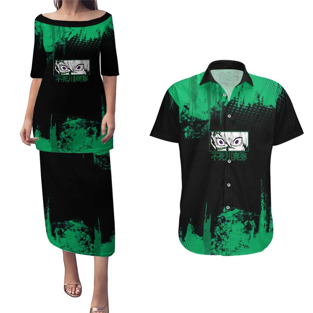 Sanemi Shinazugawa Demon Slayer Green and Black Grunge Couples Matching Puletasi and Hawaiian Shirt Design with Intense Eyes and Wind Hashira Theme - The Mazicc