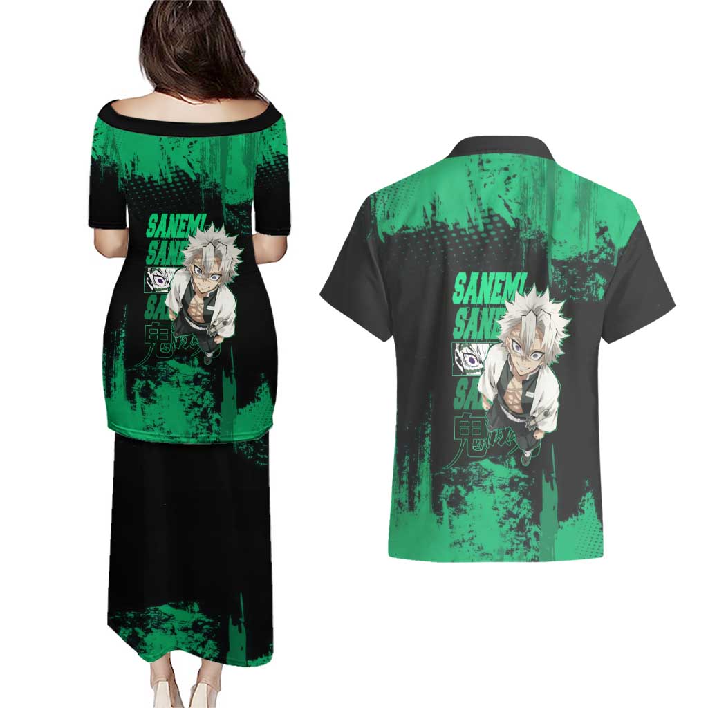 Sanemi Shinazugawa Demon Slayer Green and Black Grunge Couples Matching Puletasi and Hawaiian Shirt Design with Intense Eyes and Wind Hashira Theme - The Mazicc
