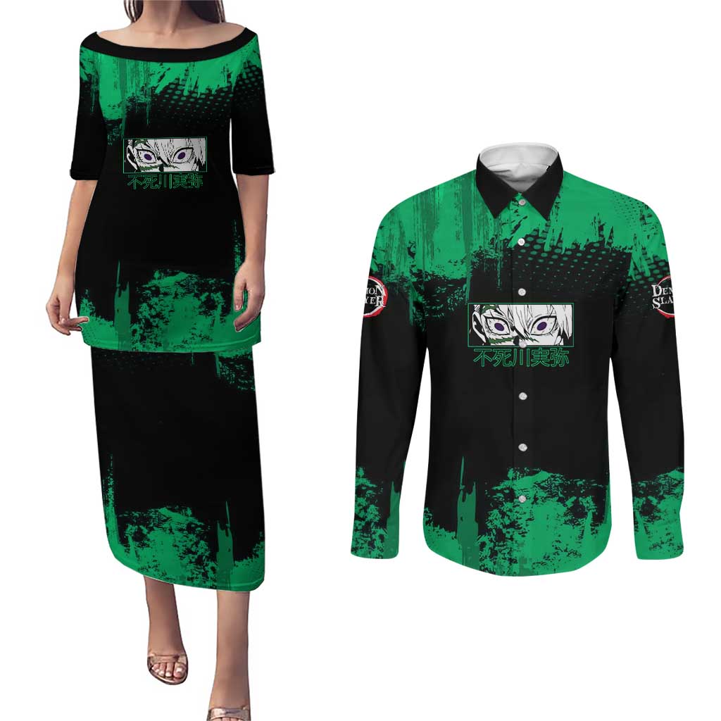 Sanemi Shinazugawa Demon Slayer Green and Black Grunge Couples Matching Puletasi and Long Sleeve Button Shirt Design with Intense Eyes and Wind Hashira Theme - The Mazicc