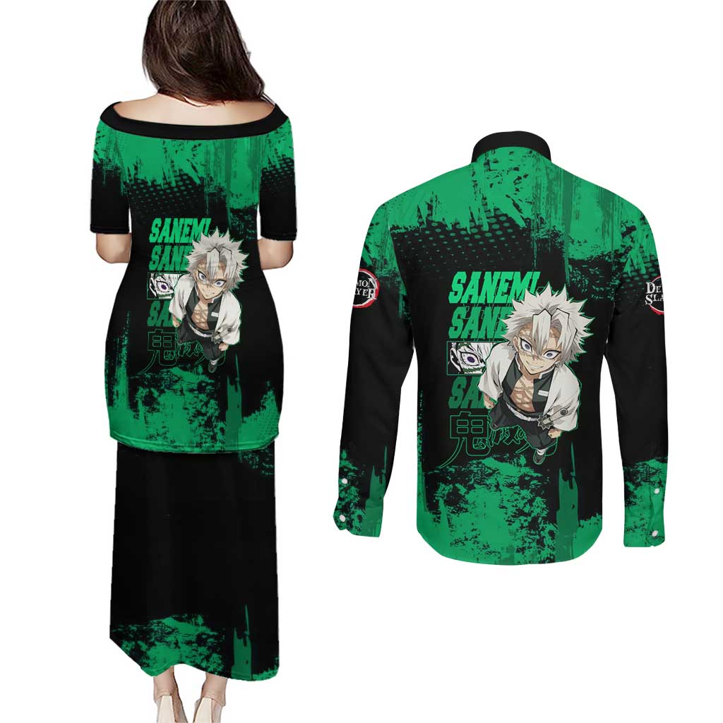 Sanemi Shinazugawa Demon Slayer Green and Black Grunge Couples Matching Puletasi and Long Sleeve Button Shirt Design with Intense Eyes and Wind Hashira Theme - The Mazicc