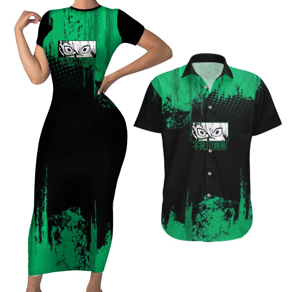 Sanemi Shinazugawa Demon Slayer Green and Black Grunge Couples Matching Short Sleeve Bodycon Dress and Hawaiian Shirt Design with Intense Eyes and Wind Hashira Theme - The Mazicc