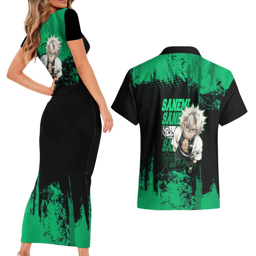 Sanemi Shinazugawa Demon Slayer Green and Black Grunge Couples Matching Short Sleeve Bodycon Dress and Hawaiian Shirt Design with Intense Eyes and Wind Hashira Theme - The Mazicc