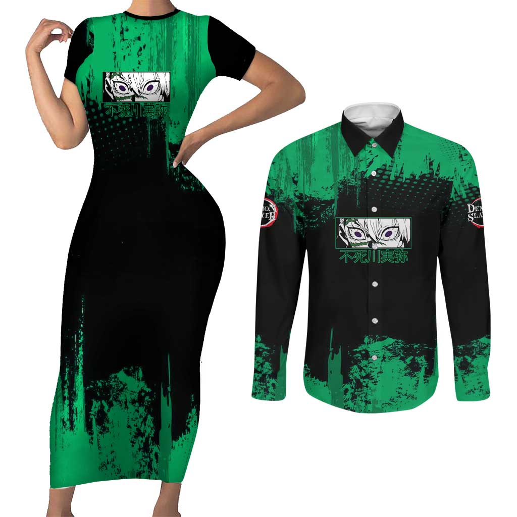 Sanemi Shinazugawa Demon Slayer Green and Black Grunge Couples Matching Short Sleeve Bodycon Dress and Long Sleeve Button Shirt Design with Intense Eyes and Wind Hashira Theme - The Mazicc