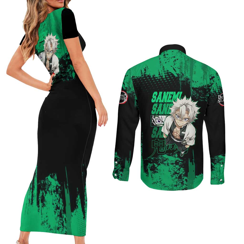 Sanemi Shinazugawa Demon Slayer Green and Black Grunge Couples Matching Short Sleeve Bodycon Dress and Long Sleeve Button Shirt Design with Intense Eyes and Wind Hashira Theme - The Mazicc