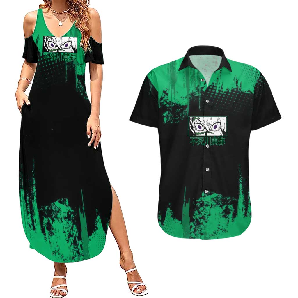 Sanemi Shinazugawa Demon Slayer Green and Black Grunge Couples Matching Summer Maxi Dress and Hawaiian Shirt Design with Intense Eyes and Wind Hashira Theme - The Mazicc