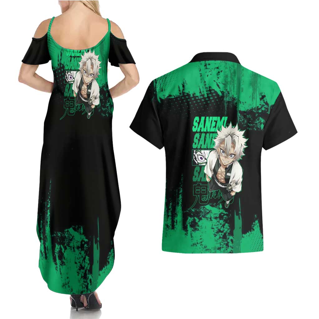 Sanemi Shinazugawa Demon Slayer Green and Black Grunge Couples Matching Summer Maxi Dress and Hawaiian Shirt Design with Intense Eyes and Wind Hashira Theme - The Mazicc