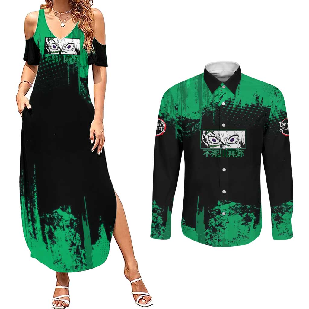 Sanemi Shinazugawa Demon Slayer Green and Black Grunge Couples Matching Summer Maxi Dress and Long Sleeve Button Shirt Design with Intense Eyes and Wind Hashira Theme - The Mazicc
