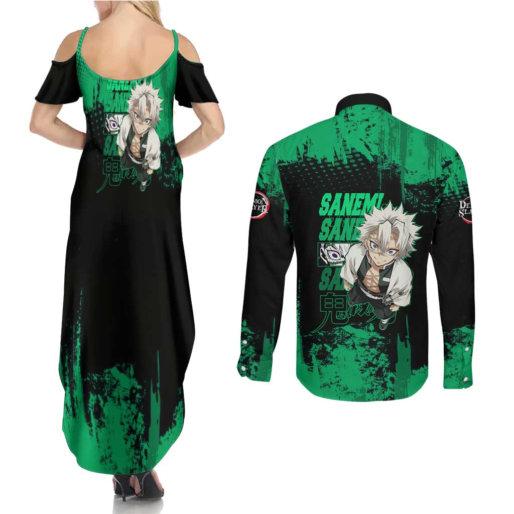 Sanemi Shinazugawa Demon Slayer Green and Black Grunge Couples Matching Summer Maxi Dress and Long Sleeve Button Shirt Design with Intense Eyes and Wind Hashira Theme - The Mazicc