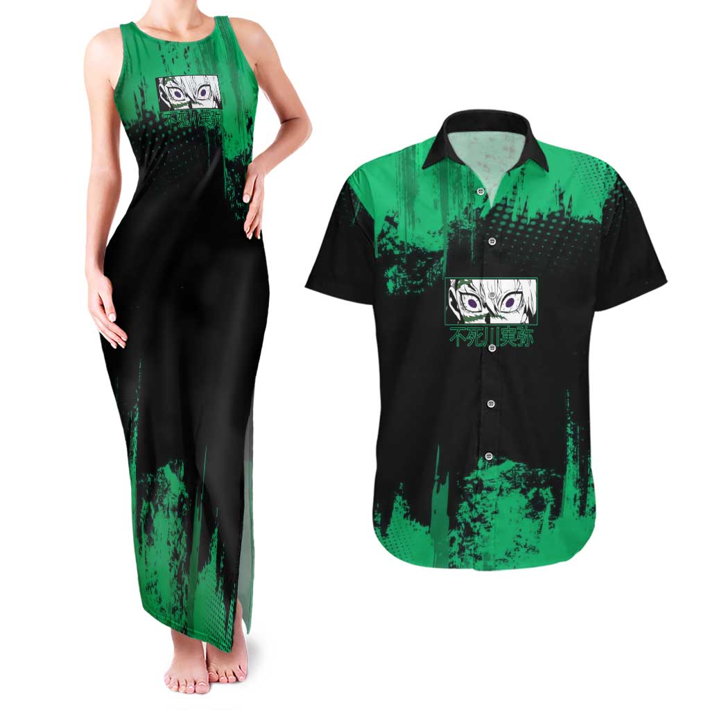 Sanemi Shinazugawa Demon Slayer Green and Black Grunge Couples Matching Tank Maxi Dress and Hawaiian Shirt Design with Intense Eyes and Wind Hashira Theme - The Mazicc
