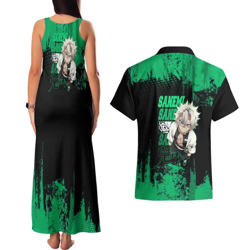 Sanemi Shinazugawa Demon Slayer Green and Black Grunge Couples Matching Tank Maxi Dress and Hawaiian Shirt Design with Intense Eyes and Wind Hashira Theme - The Mazicc