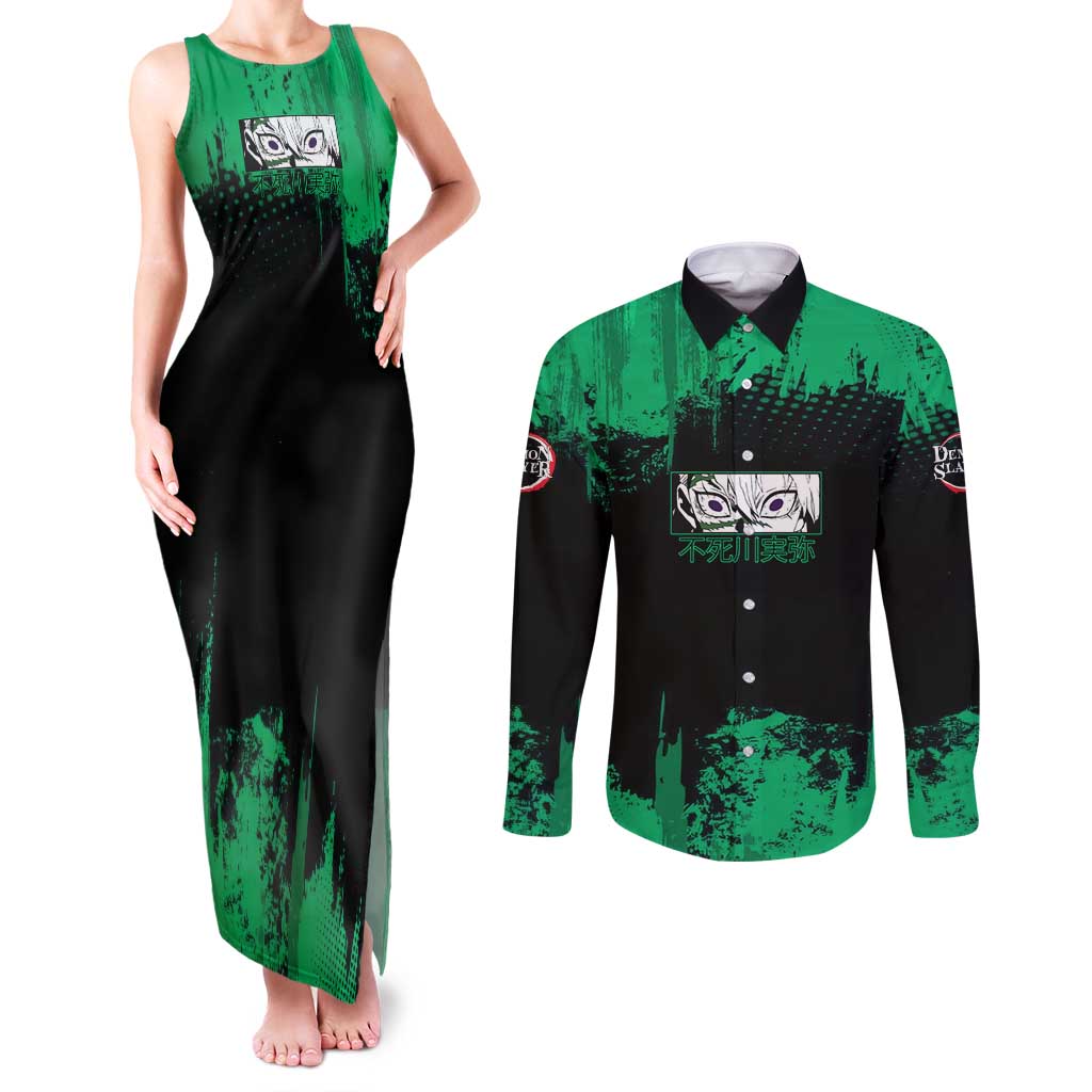 Sanemi Shinazugawa Demon Slayer Green and Black Grunge Couples Matching Tank Maxi Dress and Long Sleeve Button Shirt Design with Intense Eyes and Wind Hashira Theme - The Mazicc