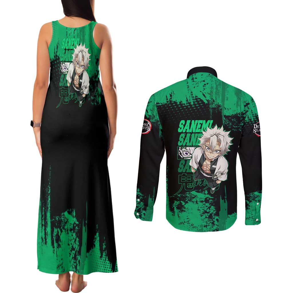 Sanemi Shinazugawa Demon Slayer Green and Black Grunge Couples Matching Tank Maxi Dress and Long Sleeve Button Shirt Design with Intense Eyes and Wind Hashira Theme - The Mazicc