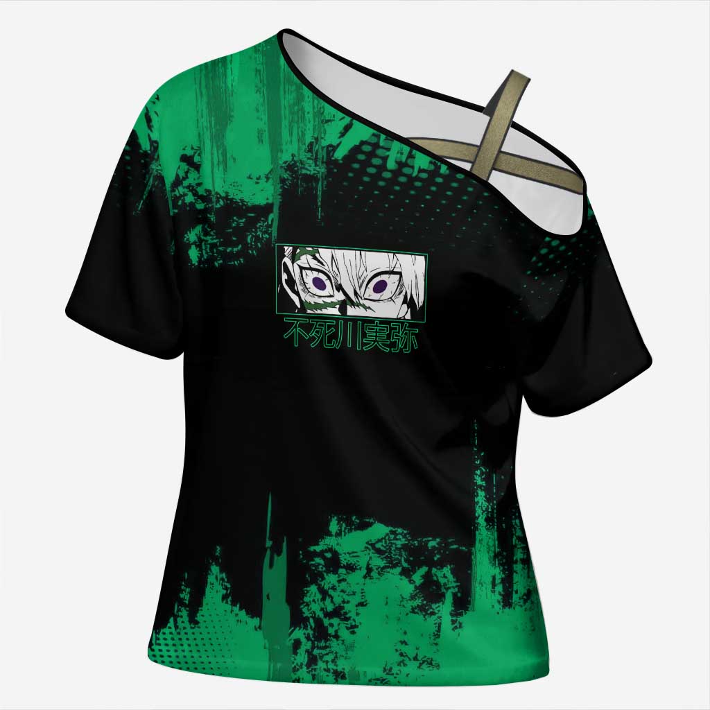 Sanemi Shinazugawa Demon Slayer Green and Black Grunge Cross Shoulder Shirt Design with Intense Eyes and Wind Hashira Theme - The Mazicc