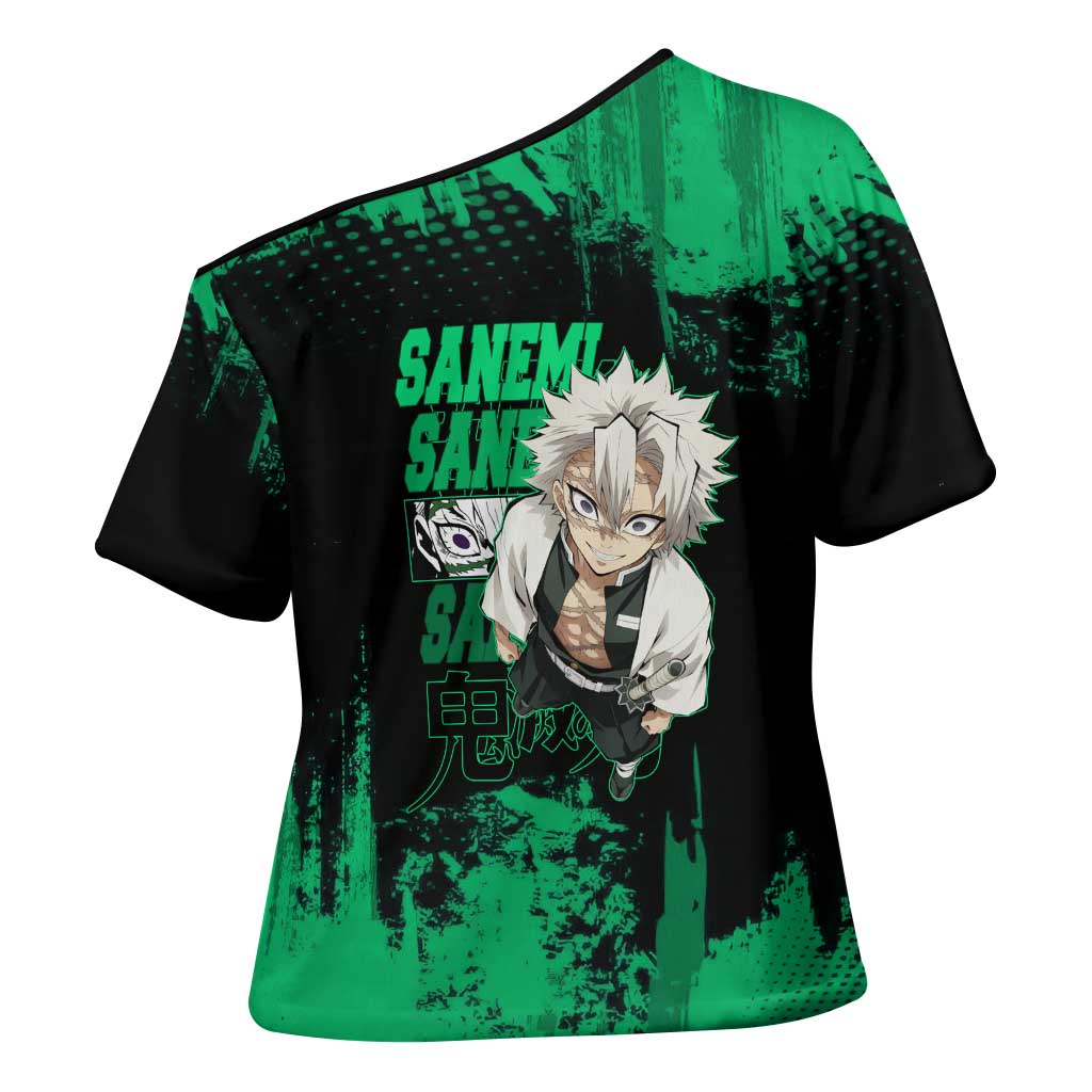 Sanemi Shinazugawa Demon Slayer Green and Black Grunge Cross Shoulder Shirt Design with Intense Eyes and Wind Hashira Theme - The Mazicc