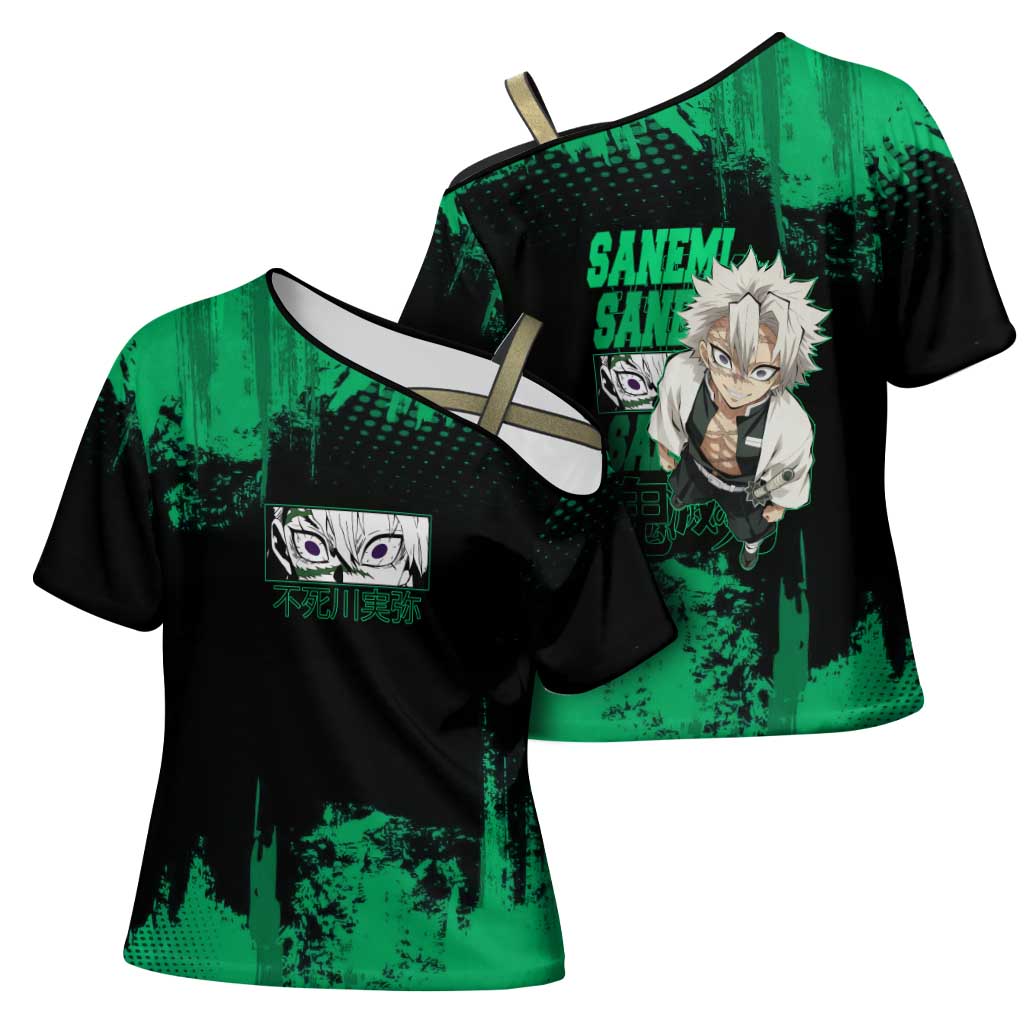 Sanemi Shinazugawa Demon Slayer Green and Black Grunge Cross Shoulder Shirt Design with Intense Eyes and Wind Hashira Theme - The Mazicc