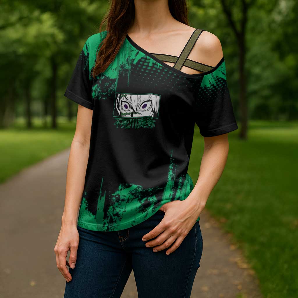 Sanemi Shinazugawa Demon Slayer Green and Black Grunge Cross Shoulder Shirt Design with Intense Eyes and Wind Hashira Theme - The Mazicc