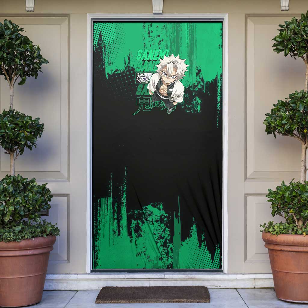 Sanemi Shinazugawa Demon Slayer Green and Black Grunge Door Cover Design with Intense Eyes and Wind Hashira Theme - The Mazicc