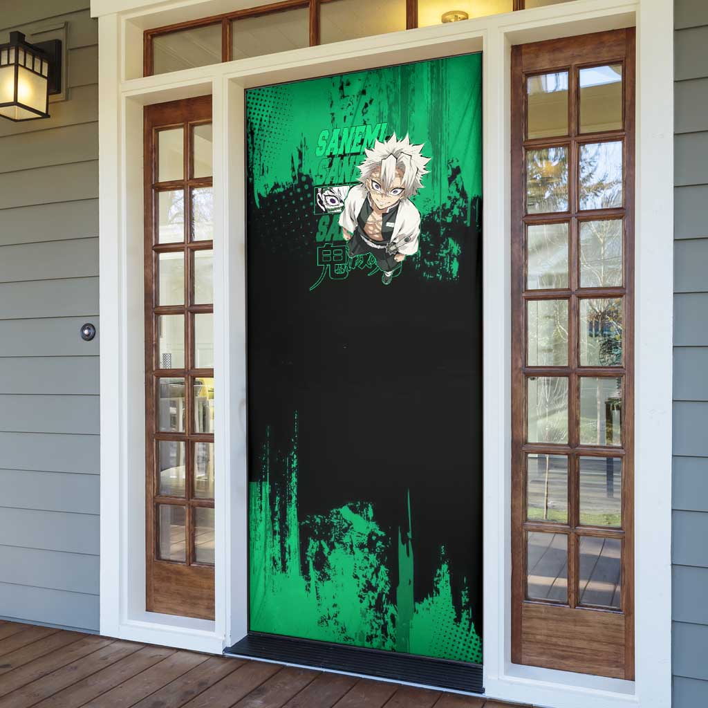 Sanemi Shinazugawa Demon Slayer Green and Black Grunge Door Cover Design with Intense Eyes and Wind Hashira Theme - The Mazicc