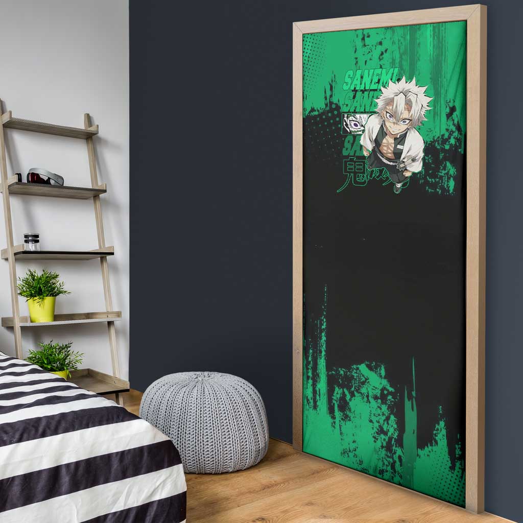 Sanemi Shinazugawa Demon Slayer Green and Black Grunge Door Cover Design with Intense Eyes and Wind Hashira Theme - The Mazicc