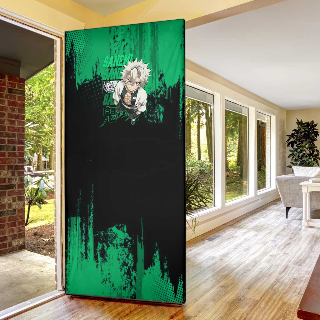 Sanemi Shinazugawa Demon Slayer Green and Black Grunge Door Cover Design with Intense Eyes and Wind Hashira Theme - The Mazicc