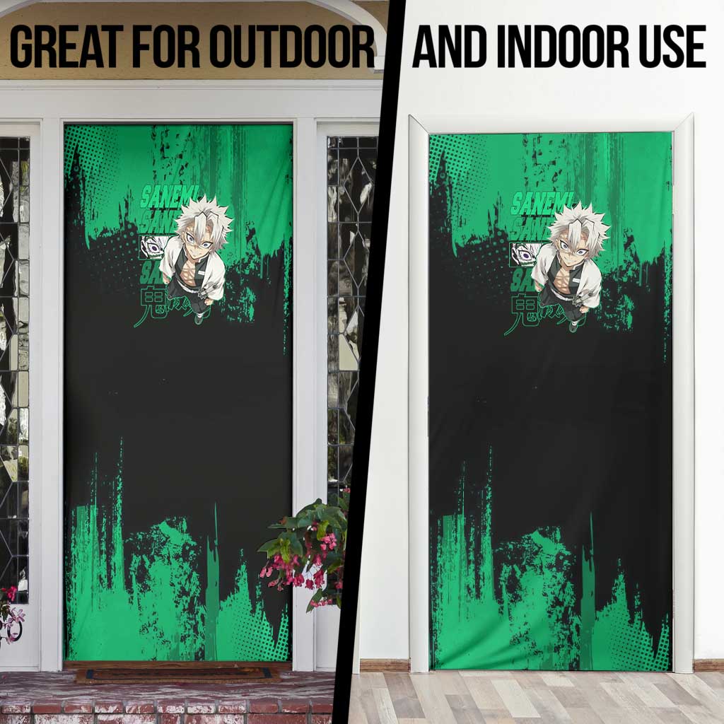 Sanemi Shinazugawa Demon Slayer Green and Black Grunge Door Cover Design with Intense Eyes and Wind Hashira Theme - The Mazicc
