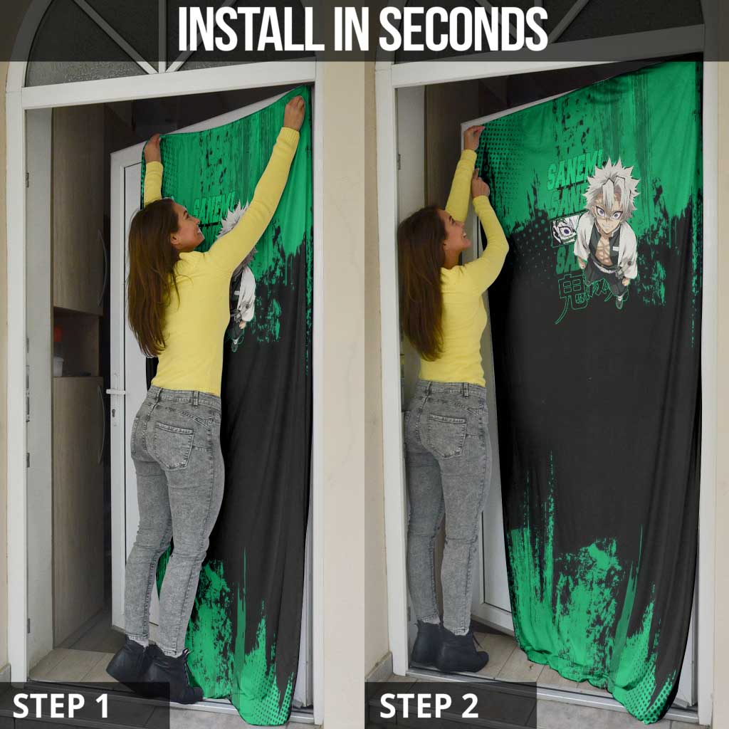 Sanemi Shinazugawa Demon Slayer Green and Black Grunge Door Cover Design with Intense Eyes and Wind Hashira Theme - The Mazicc