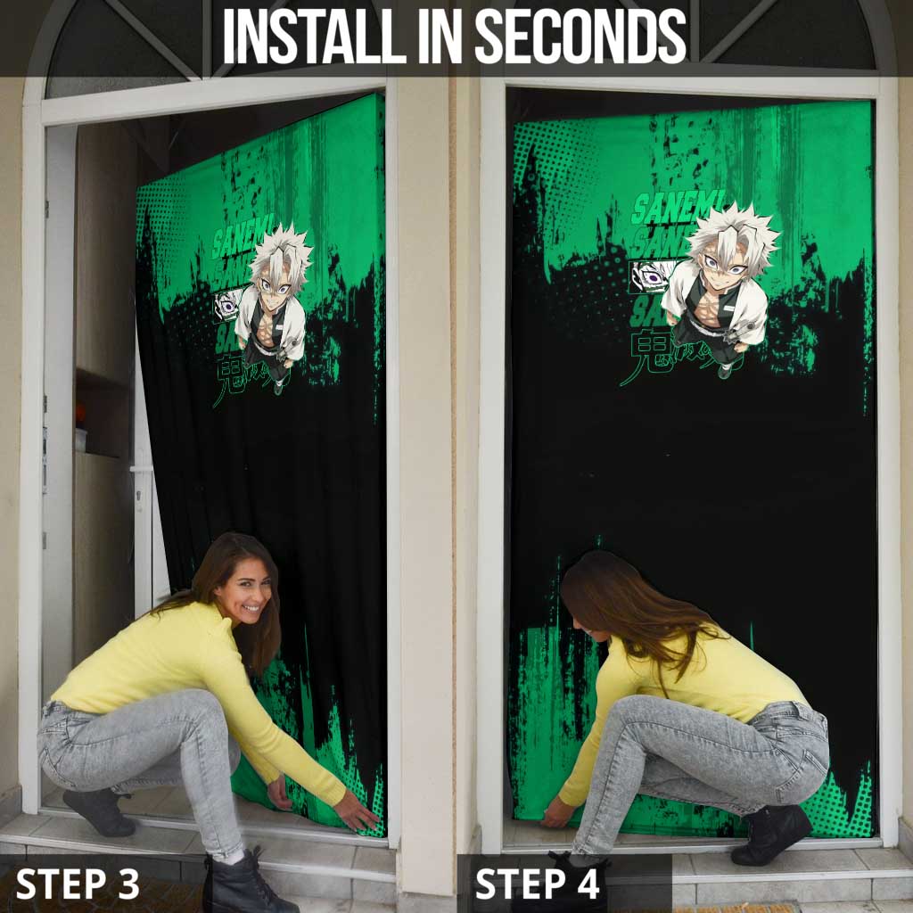 Sanemi Shinazugawa Demon Slayer Green and Black Grunge Door Cover Design with Intense Eyes and Wind Hashira Theme - The Mazicc