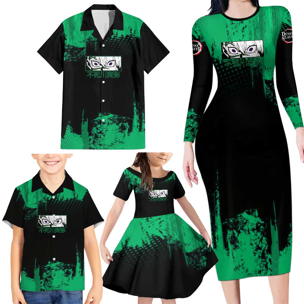 Sanemi Shinazugawa Demon Slayer Green and Black Grunge Family Matching Long Sleeve Bodycon Dress and Hawaiian Shirt Design with Intense Eyes and Wind Hashira Theme