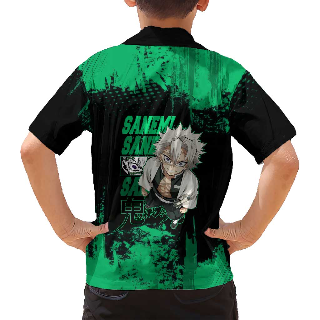Sanemi Shinazugawa Demon Slayer Green and Black Grunge Family Matching Long Sleeve Bodycon Dress and Hawaiian Shirt Design with Intense Eyes and Wind Hashira Theme