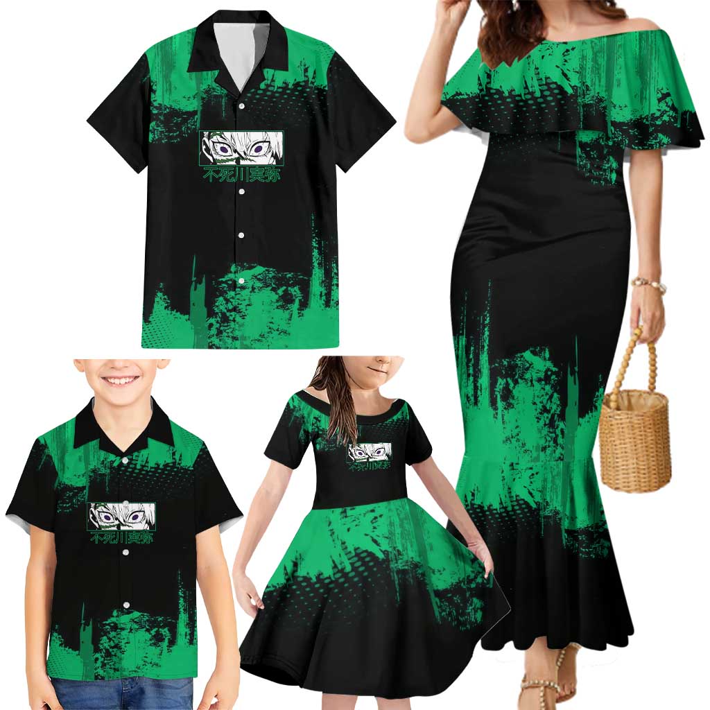 Sanemi Shinazugawa Demon Slayer Green and Black Grunge Family Matching Mermaid Dress and Hawaiian Shirt Design with Intense Eyes and Wind Hashira Theme