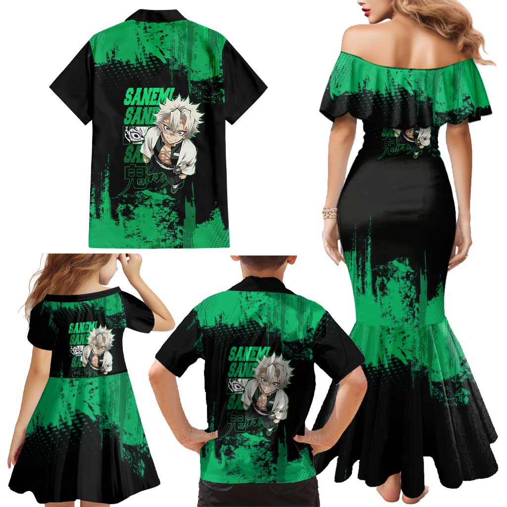 Sanemi Shinazugawa Demon Slayer Green and Black Grunge Family Matching Mermaid Dress and Hawaiian Shirt Design with Intense Eyes and Wind Hashira Theme