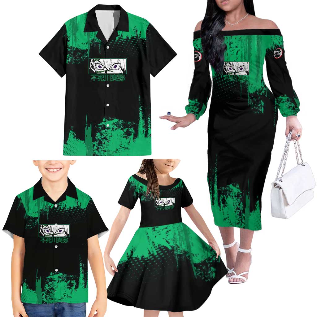 Sanemi Shinazugawa Demon Slayer Green and Black Grunge Family Matching Off The Shoulder Long Sleeve Dress and Hawaiian Shirt Design with Intense Eyes and Wind Hashira Theme