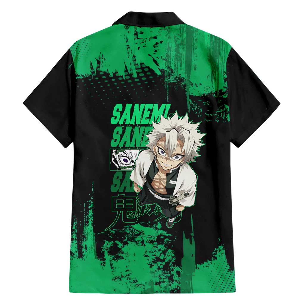 Sanemi Shinazugawa Demon Slayer Green and Black Grunge Family Matching Off The Shoulder Long Sleeve Dress and Hawaiian Shirt Design with Intense Eyes and Wind Hashira Theme