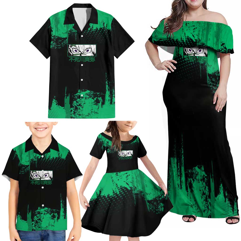 Sanemi Shinazugawa Demon Slayer Green and Black Grunge Family Matching Off Shoulder Maxi Dress and Hawaiian Shirt Design with Intense Eyes and Wind Hashira Theme