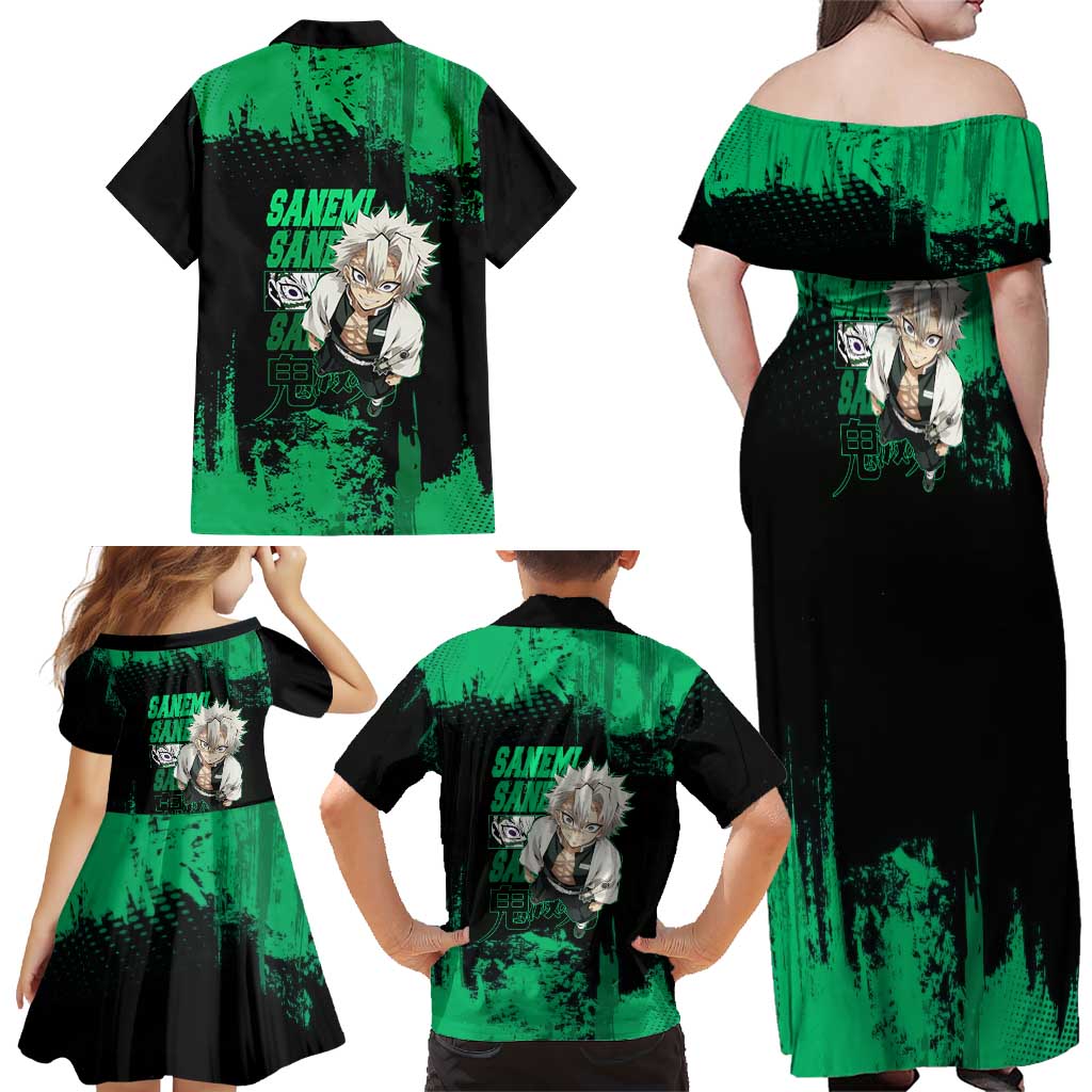 Sanemi Shinazugawa Demon Slayer Green and Black Grunge Family Matching Off Shoulder Maxi Dress and Hawaiian Shirt Design with Intense Eyes and Wind Hashira Theme