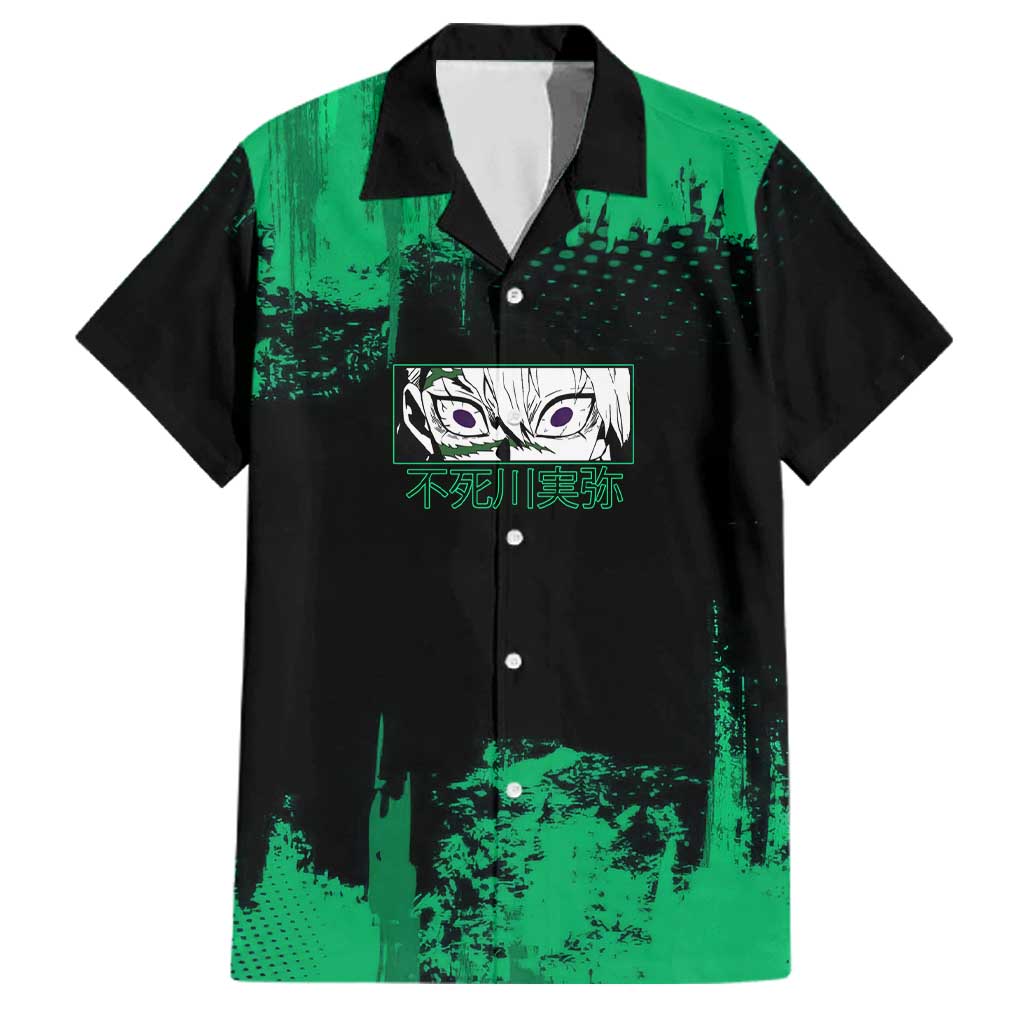 Sanemi Shinazugawa Demon Slayer Green and Black Grunge Family Matching Off Shoulder Maxi Dress and Hawaiian Shirt Design with Intense Eyes and Wind Hashira Theme