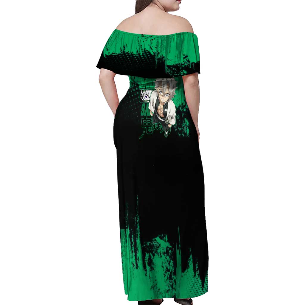 Sanemi Shinazugawa Demon Slayer Green and Black Grunge Family Matching Off Shoulder Maxi Dress and Hawaiian Shirt Design with Intense Eyes and Wind Hashira Theme