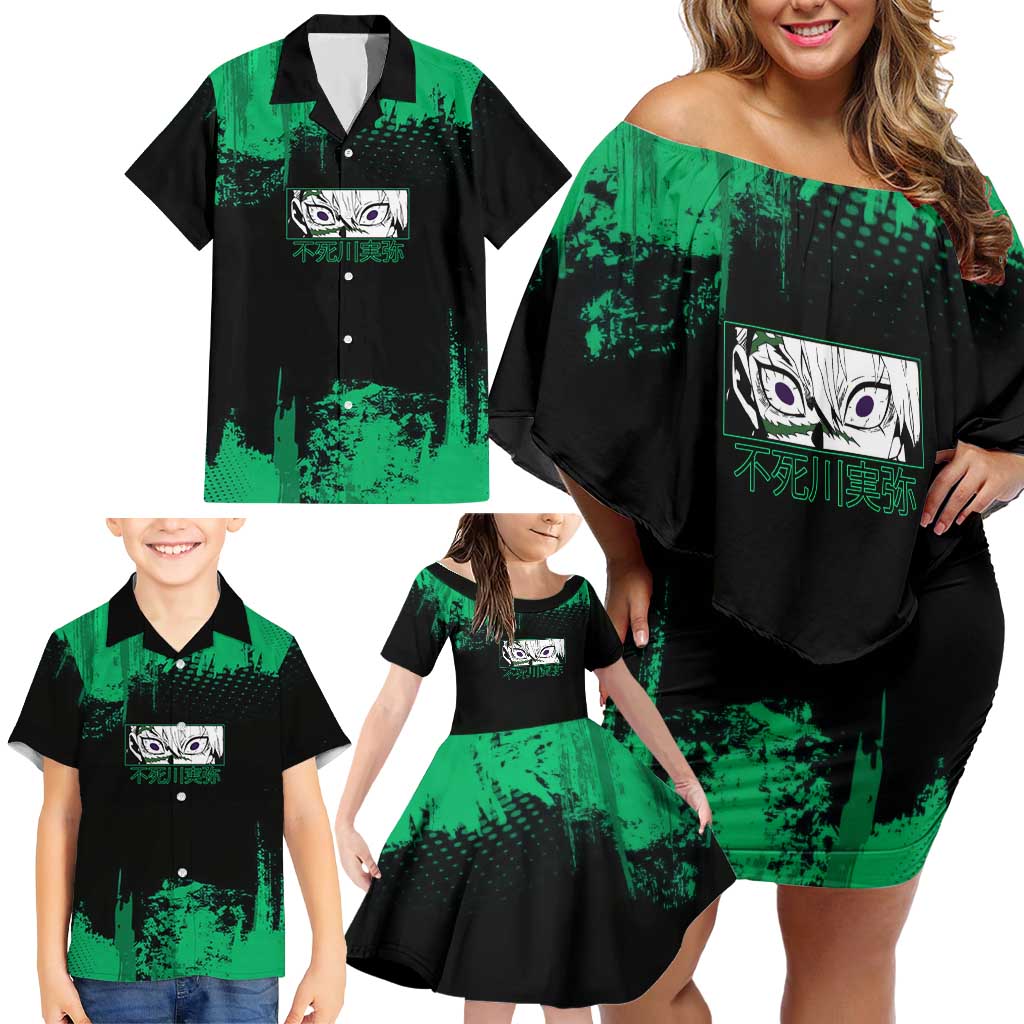 Sanemi Shinazugawa Demon Slayer Green and Black Grunge Family Matching Off Shoulder Short Dress and Hawaiian Shirt Design with Intense Eyes and Wind Hashira Theme