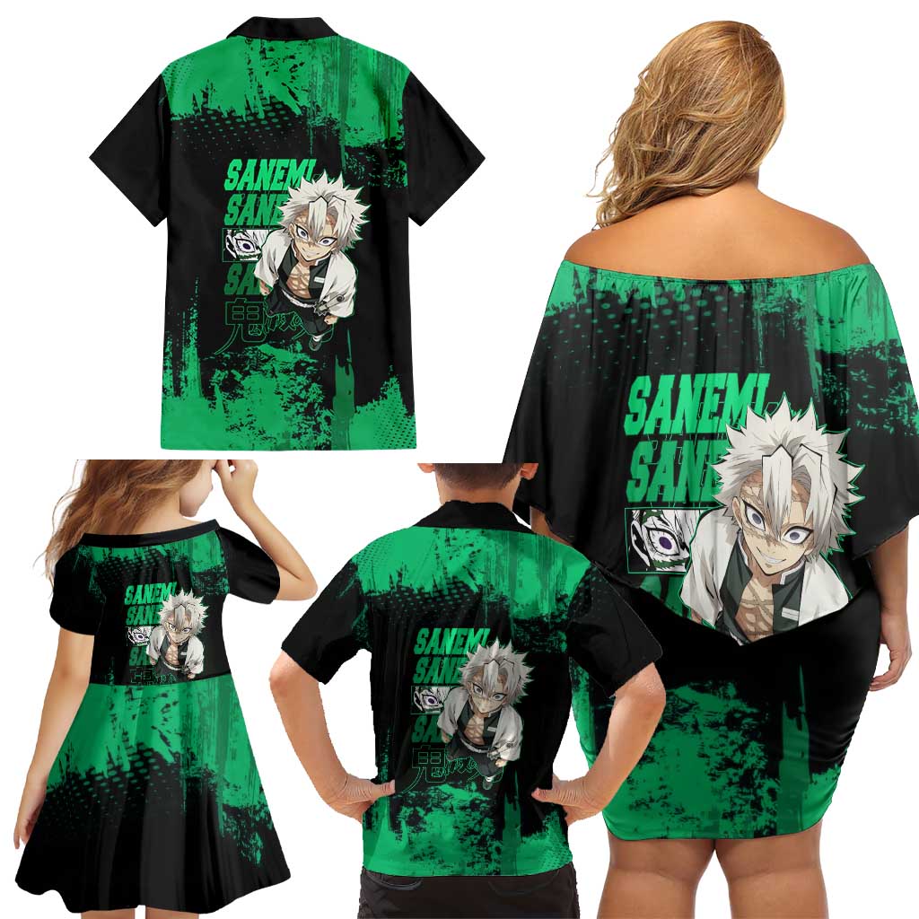 Sanemi Shinazugawa Demon Slayer Green and Black Grunge Family Matching Off Shoulder Short Dress and Hawaiian Shirt Design with Intense Eyes and Wind Hashira Theme