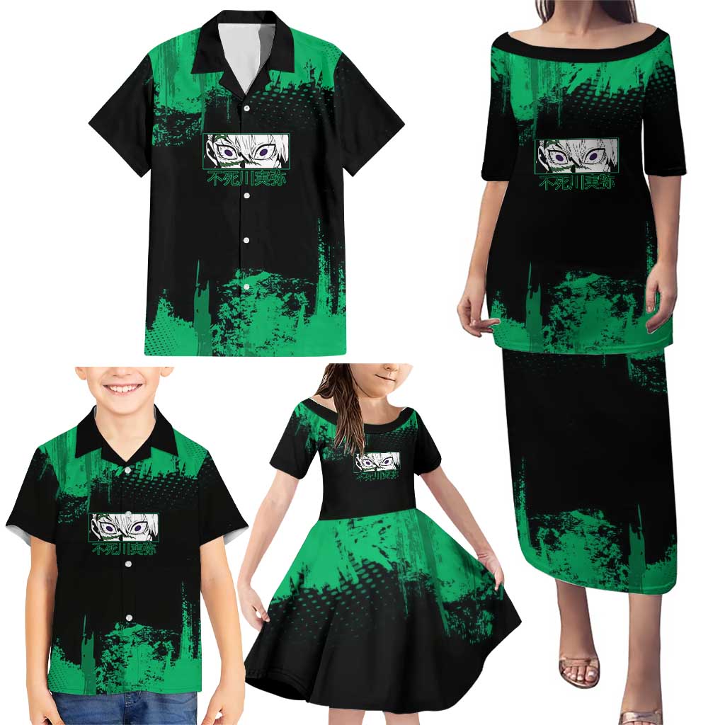 Sanemi Shinazugawa Demon Slayer Green and Black Grunge Family Matching Puletasi and Hawaiian Shirt Design with Intense Eyes and Wind Hashira Theme
