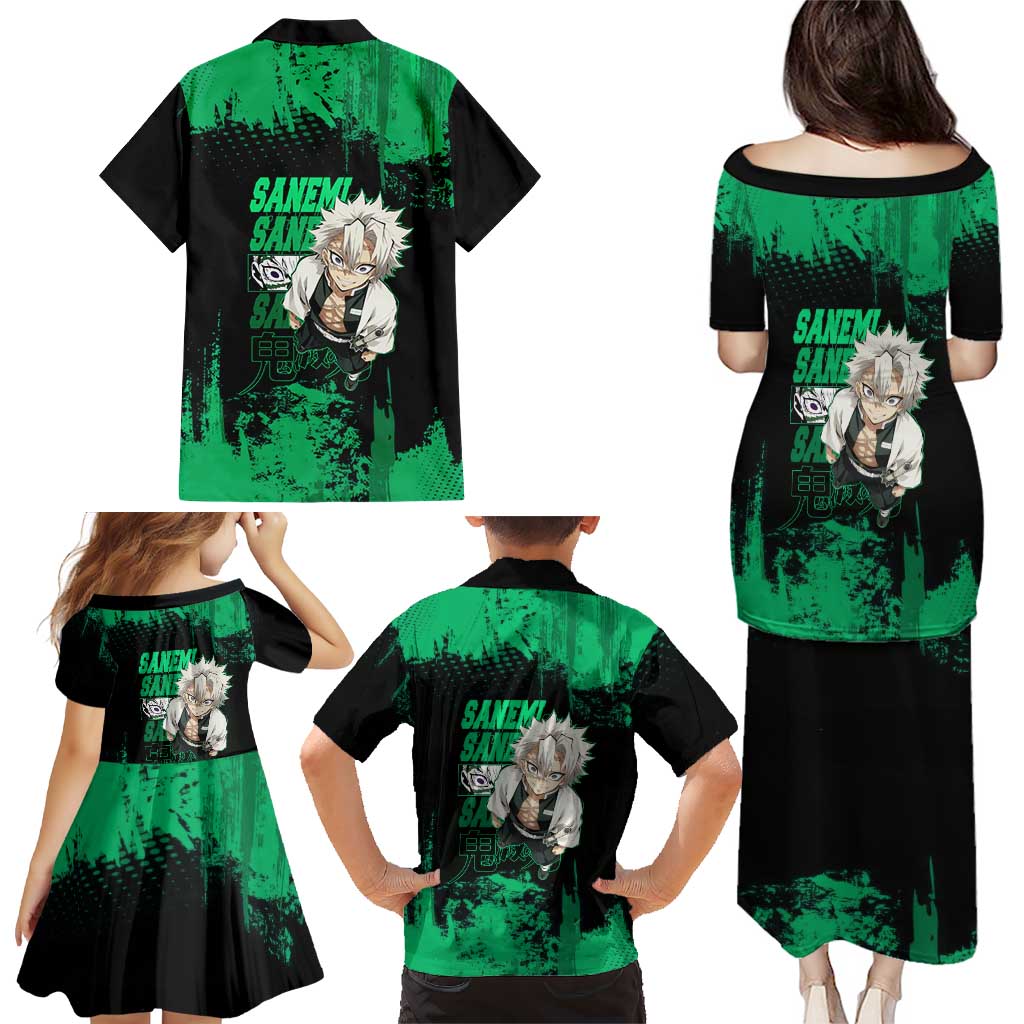 Sanemi Shinazugawa Demon Slayer Green and Black Grunge Family Matching Puletasi and Hawaiian Shirt Design with Intense Eyes and Wind Hashira Theme