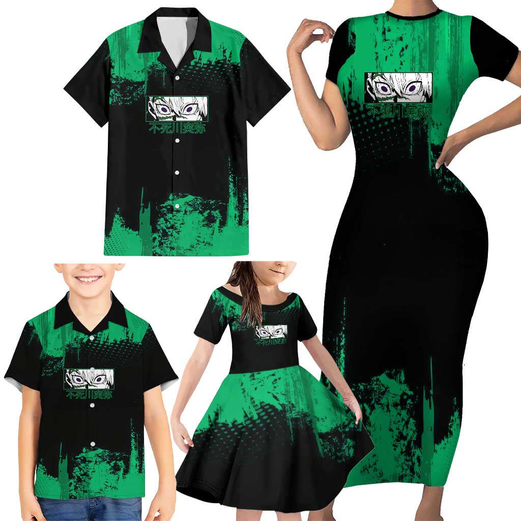 Sanemi Shinazugawa Demon Slayer Green and Black Grunge Family Matching Short Sleeve Bodycon Dress and Hawaiian Shirt Design with Intense Eyes and Wind Hashira Theme