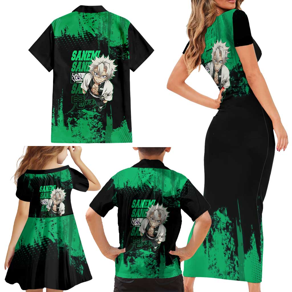 Sanemi Shinazugawa Demon Slayer Green and Black Grunge Family Matching Short Sleeve Bodycon Dress and Hawaiian Shirt Design with Intense Eyes and Wind Hashira Theme