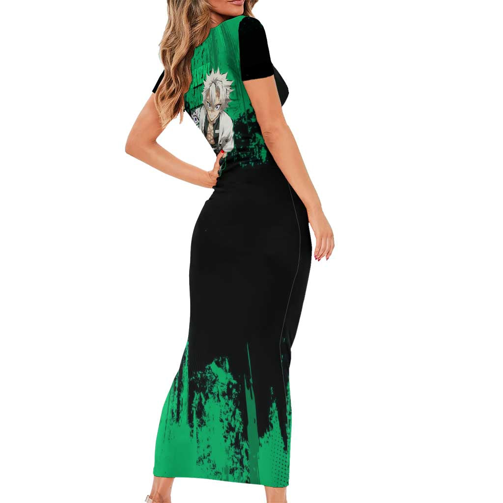 Sanemi Shinazugawa Demon Slayer Green and Black Grunge Family Matching Short Sleeve Bodycon Dress and Hawaiian Shirt Design with Intense Eyes and Wind Hashira Theme