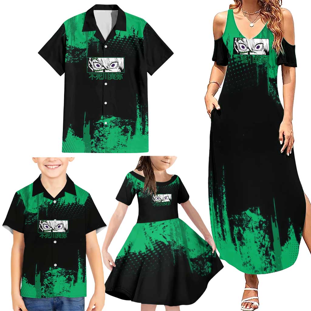 Sanemi Shinazugawa Demon Slayer Green and Black Grunge Family Matching Summer Maxi Dress and Hawaiian Shirt Design with Intense Eyes and Wind Hashira Theme