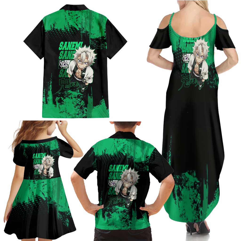 Sanemi Shinazugawa Demon Slayer Green and Black Grunge Family Matching Summer Maxi Dress and Hawaiian Shirt Design with Intense Eyes and Wind Hashira Theme