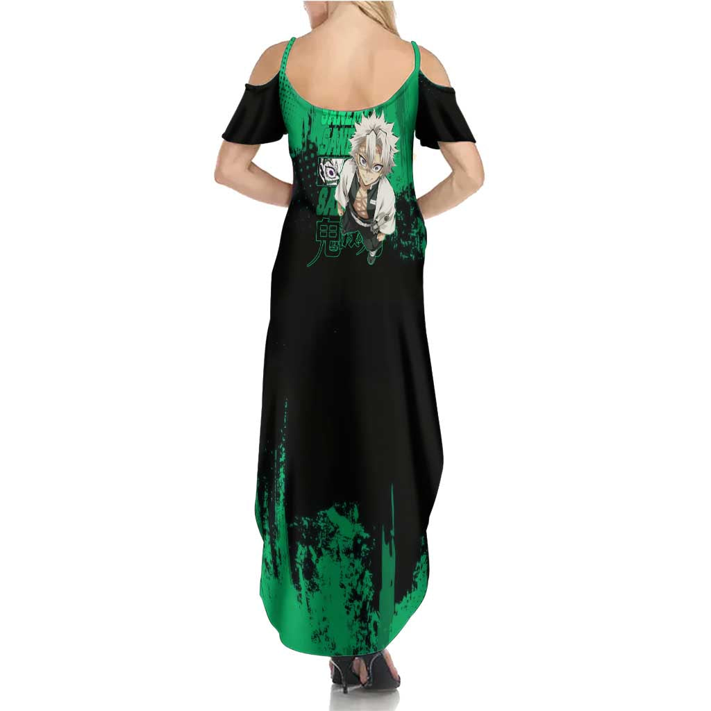 Sanemi Shinazugawa Demon Slayer Green and Black Grunge Family Matching Summer Maxi Dress and Hawaiian Shirt Design with Intense Eyes and Wind Hashira Theme