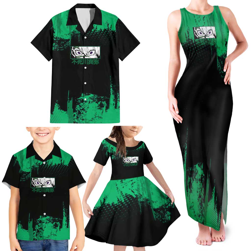 Sanemi Shinazugawa Demon Slayer Green and Black Grunge Family Matching Tank Maxi Dress and Hawaiian Shirt Design with Intense Eyes and Wind Hashira Theme